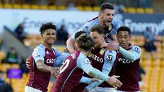 Aston Villa celebrate their win at Wolves