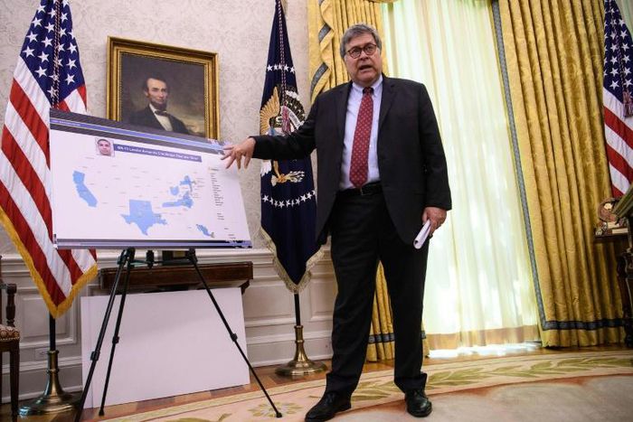 US Attorney General Bill Barr describes operations against the MS-13 gang during a briefing in the White House