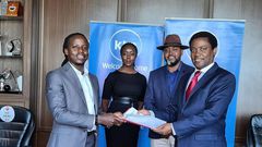 Eugene Mbugua (Left ) Joe Munene Managing Director Broadcast Division The Standard Group, Actor Mwaniki Mageria with the fedora cap and Caroline Wanjiru Production Manager Foods of Kenya