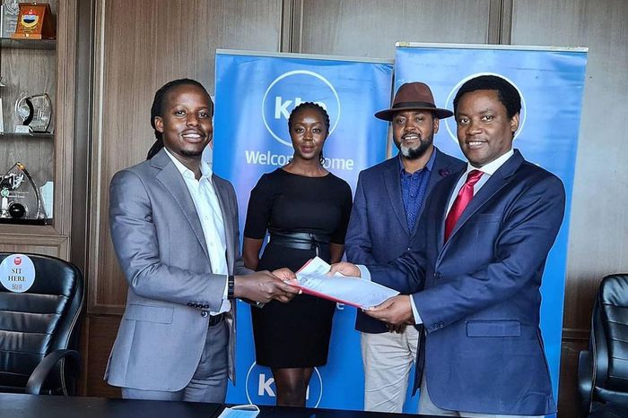 Eugene Mbugua (Left ) Joe Munene Managing Director Broadcast Division The Standard Group, Actor Mwaniki Mageria with the fedora cap and Caroline Wanjiru Production Manager Foods of Kenya