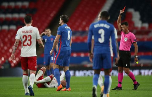 Harry Maguire was sent off in the first half as England lost 1-0 at home to Denmark in the Nations League