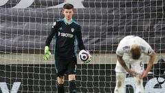 Leeds keeper Illan Meslier reacts after his own goal against Wolves