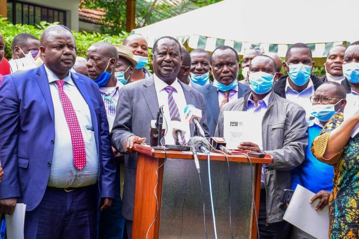 ODM party leader Raila Odinga following a meeting with party leaders in Nairobi
