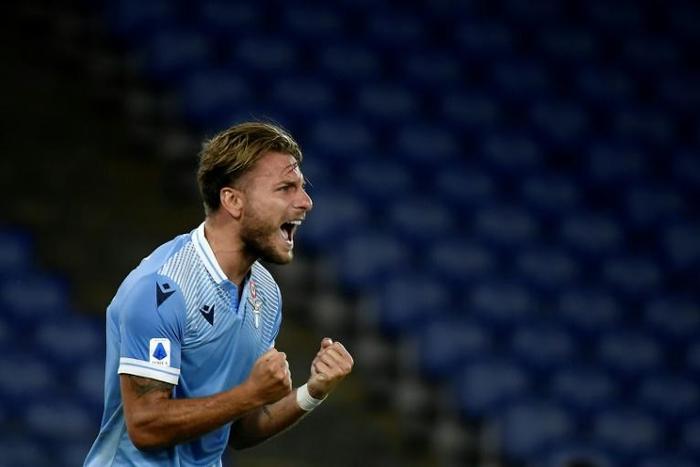 Lazio's Italian forward Ciro Immobile celebrates his 35th league goal of last season against Brescia