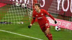 Thomas Mueller celebrates scoring the equaliser as Bayern Munich drew 3-3 at home with RB Leipzig on Saturday
