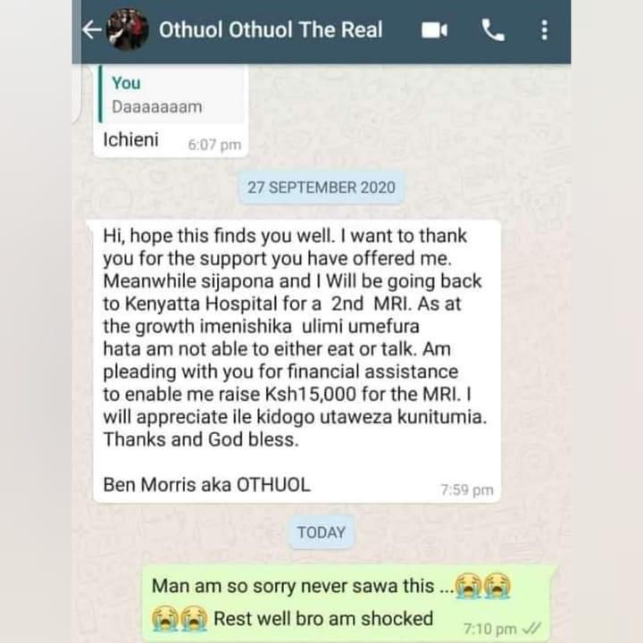 Viral screenshot of Othuol Othuol's message to a friend