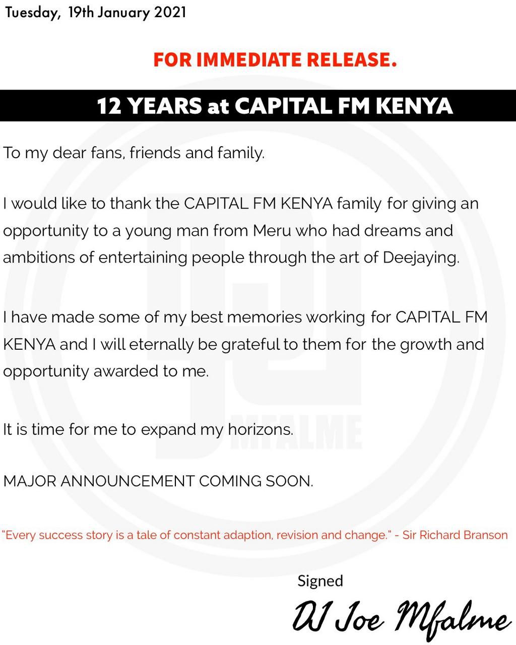 DJ Joe Mfalme's statement