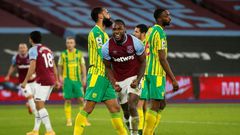 West Ham forward Michail Antonio celebrates scoring against West Brom