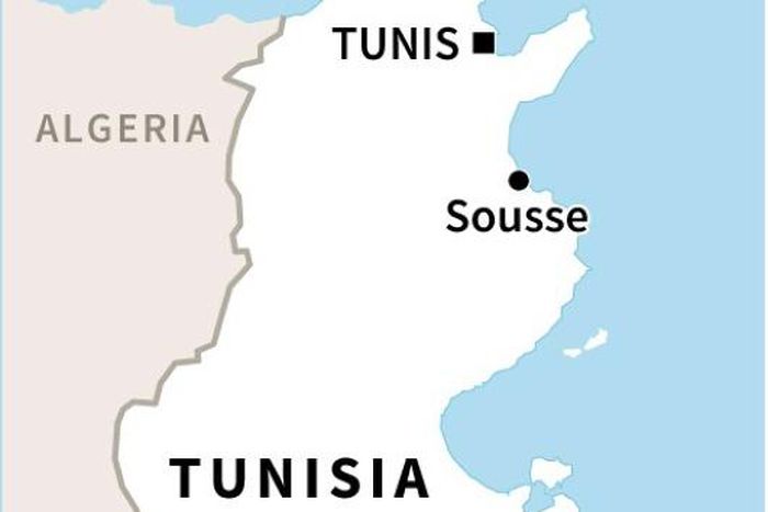 Map of Tunisia locating the coastal city of Sousee where a knife attack on Sunday killed a Tunisian National Guard officer and wounded another with three assailants also killed.