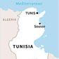 Map of Tunisia locating the coastal city of Sousee where a knife attack on Sunday killed a Tunisian National Guard officer and wounded another with three assailants also killed.