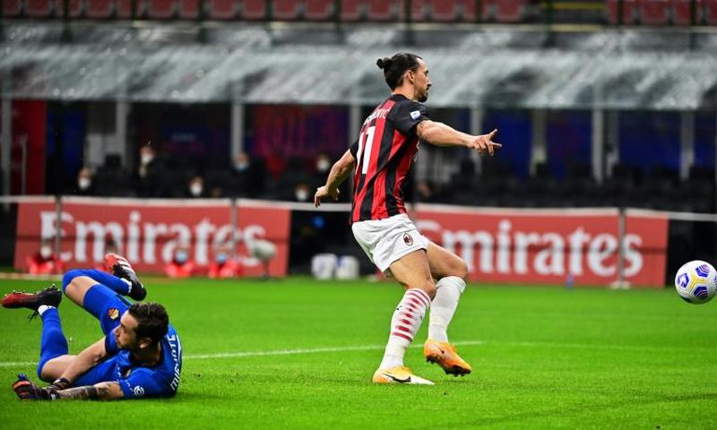 Double quick: AC Milan's Zlatan Ibrahimovic celebrated as the ball bounced into Antonio Mirante's net in the second minute