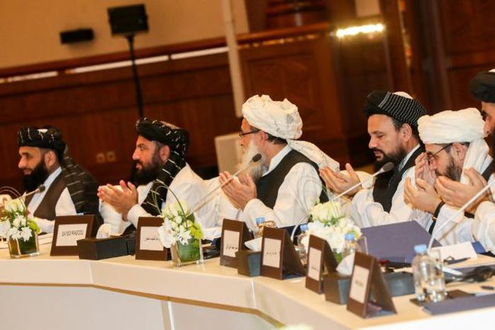 A Taliban delegation (pictured) met with a group of powerful Afghans including political figures in Doha in 2019 amid separate talks with the US seeking to end the long-running conflict