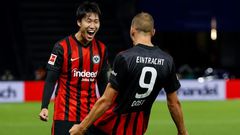 Eintrach Frankfurt's Daichi Kamada celebrates Bas Dost's goal in the Hertha Berlin win