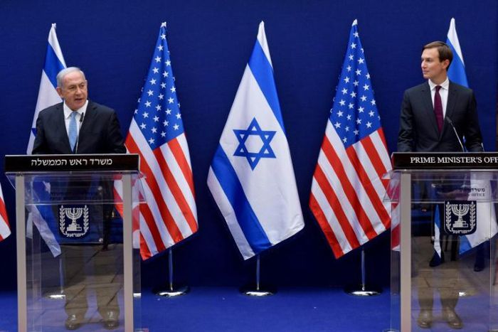 Israeli Prime Minister Benjamin Netanyahu (L) and US Presidential Adviser Jared Kushner make joint statements to the press after their meeting in Jerusalem, on Sunday