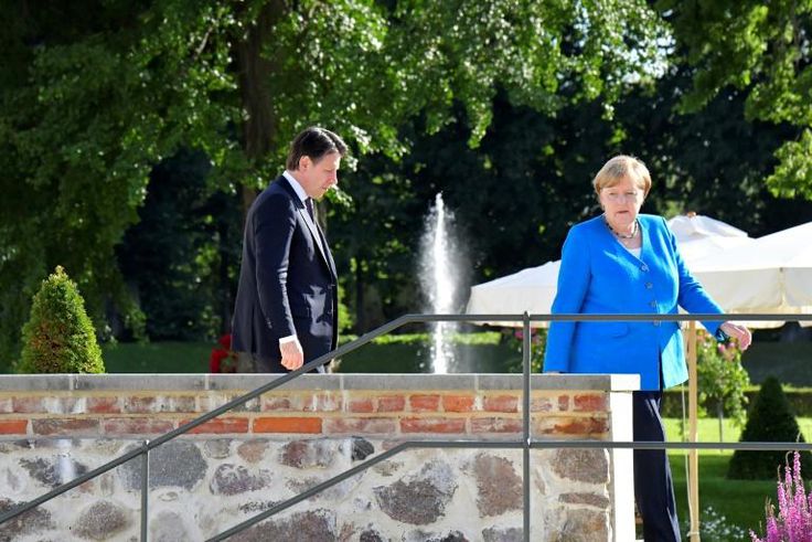 On the same side of the fence: Conte and Merkel at the German governmental guest house in Meseberg, outside Berlin, on Monday