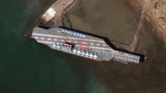 A previous Iranian naval exercise near the strategic Strait of Hormuz in July drew condemnation from Washington when missiles blasted a US aircraft carrier mock-up, seen here in a satellite image obtained courtesy of Maxar Technologies