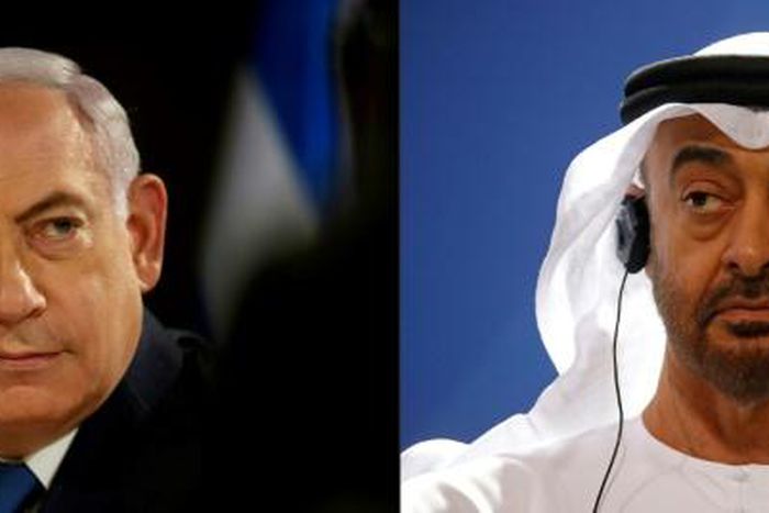 Israeli Prime Minister Benjamin Netanyahu (L) and the UAE ruler, Abu Dhabi's Crown Prince Mohammed bin Zayed