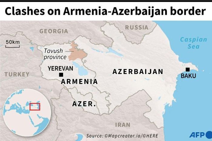 Map of Azerbaijan and  Armenia locating the Armenian province of Tavush where border clashes occurred
