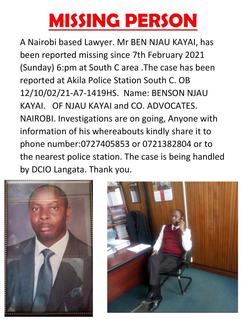 Poster of missing lawyer Ben Njau Kayai