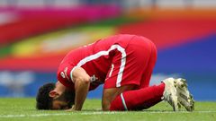 Egyptian Mohamed Salah celebrates his 100th Liverpool goal