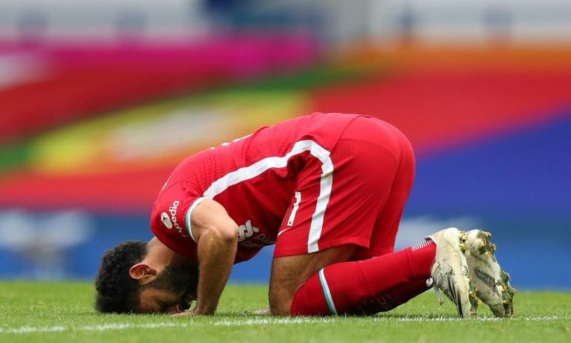 Egyptian Mohamed Salah celebrates his 100th Liverpool goal