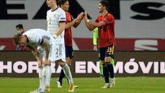 Ferran Torres (R) celebrates after completing his hat-trick in Spain's stunning 6-0 win over Germany