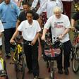Boris Johnson, seen in his mayor of London days on a visit to Jakarta, says the coronavirus is a 'wake-up call' to the risks of being overweight and junk food advert bans and more biking can help tackle the issue