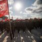 Members of a 12,000-strong volunteer workforce attend a rally to pledge support for a typhoon recovery campaign ordered by North Korea's leader Kim Jong Un at the Kumsusan palace in Pyongyang
