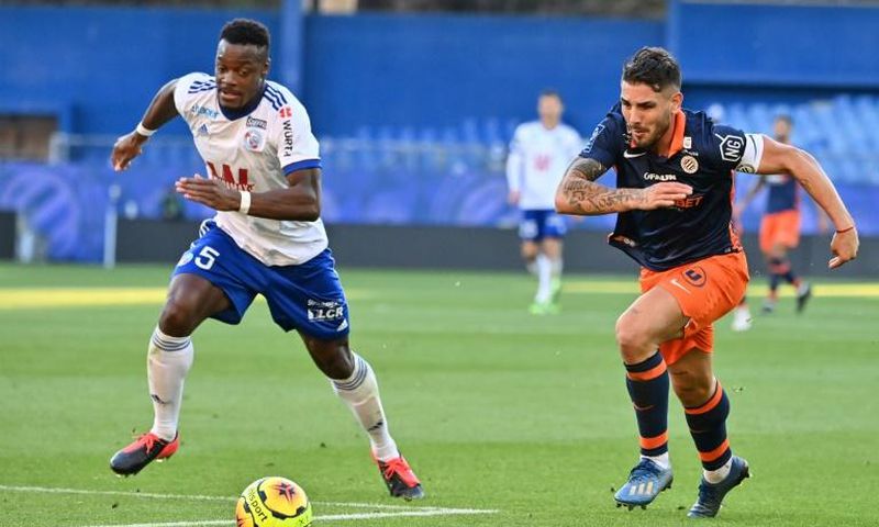 Algerian forward Andy Delort (right) scored twice in  Montpellier's 4-3 win over Strasbourg