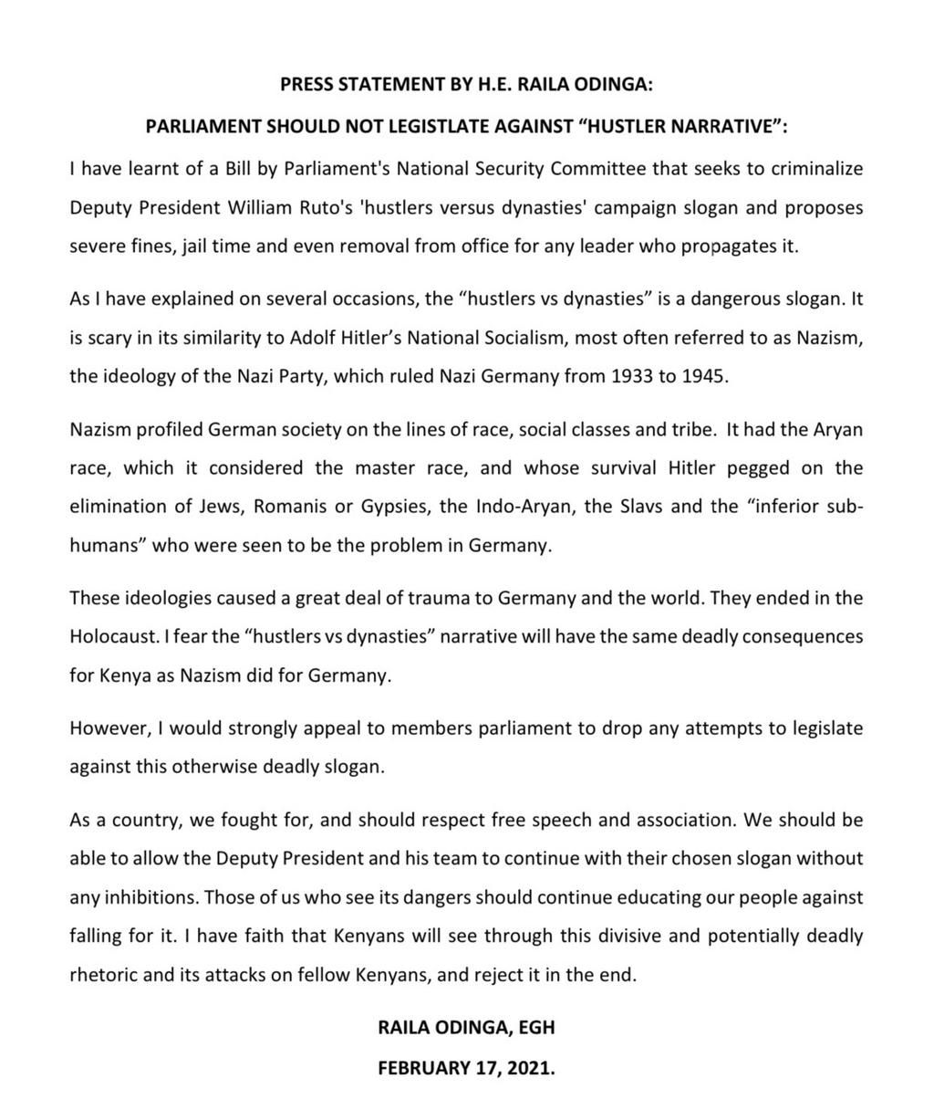 Odinga's statement to Parliament