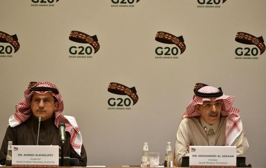 Saudi Arabia is the host of the virtual G20 talks, chaired by Saudi Finance Minister Mohammed al-Jadaan (R) and central bank governor Ahmed al-Kholifey