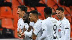 Jonathan Ikone (2ndL) celebrates with his teammates after scoring Lille's third goal in their win at Lorient on Sunday