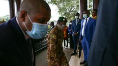 The head of the Malian military junta, Col. Assimi Goita, centre, arriving in Ghana for the ECOWAS summit