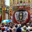 Festival goers looking at exhibits at Yimin temple in Hsinchu, northern Taiwan
