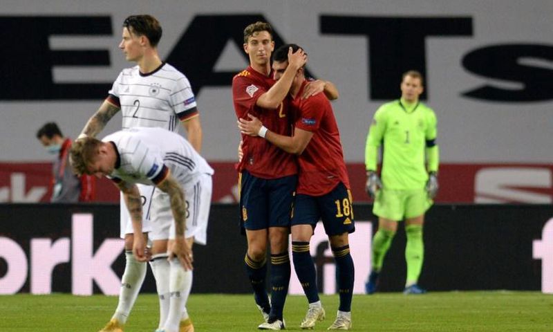 Ferran Torres (R) scored a hat-trick as Spain hammered Germany 6-0