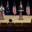 US Secretary of State Mike Pompeo listens while Australia's Foreign Minister Marise Payne speaks during a press conference