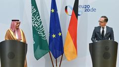 At a press conference with German Foreign Minister Heiko Maas (R), his Saudi counterpart Prince Faisal bin Farhan Al-Saud renewed criticism of Israeli policy on the Palestinians