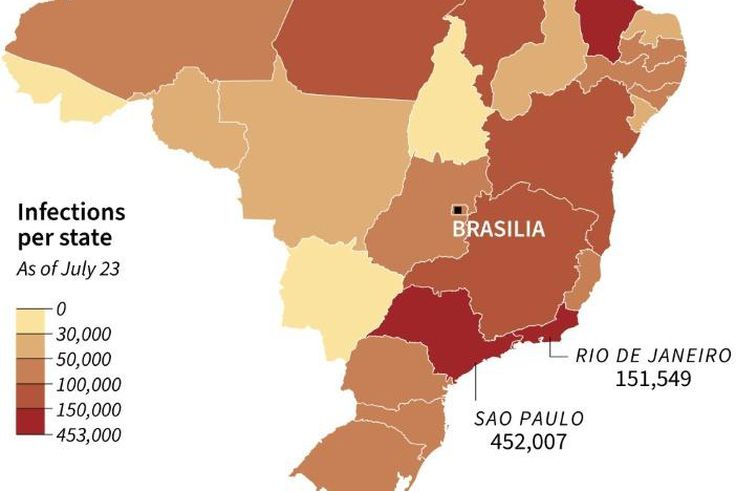 Map of Brazil showing number of coronavirus infections per state as of July 23