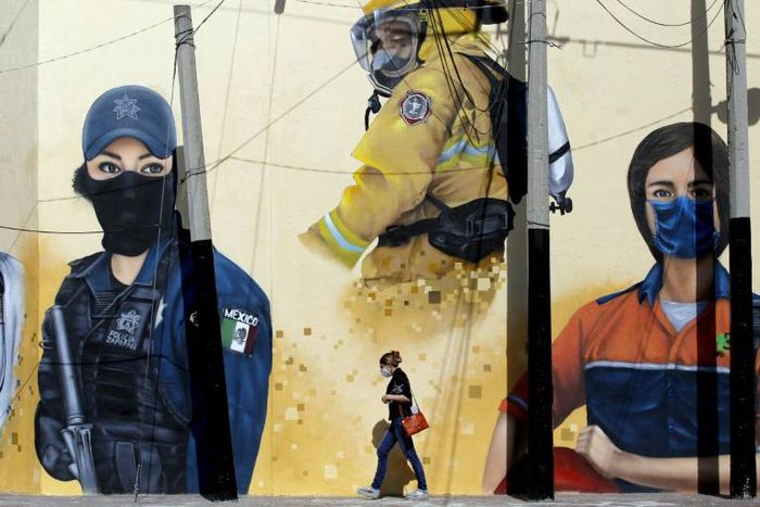 A mural paying tribute to frontline workers in Zapopan, state of Jalisco, Mexico