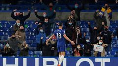 Olivier Giroud celebrates in front of the Chelsea fans, who were back at Stamford Bridge for the first time since March