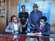 Eugene Mbugua (Left ) Joe Munene Managing Director Broadcast Division The Standard Group, Actor Mwaniki Mageria with the fedora cap and Caroline Wanjiru Production Manager Foods of Kenya