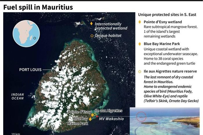 Map of Mauritius, locating unique protected wildlife sites threatened by the fuel spill