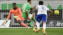 Denis Bouanga (C) scores from the spot in Saint-Etienne's 2-0 win over Strasbourg