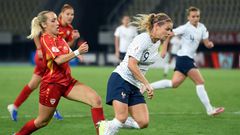 Le Sommer (right) in Skopje where her double put her on top of the France women's scoring charts