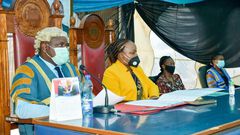 Kirinyaga Speaker Anthony Waweru with Governor Anne Waiguru during BBI debate