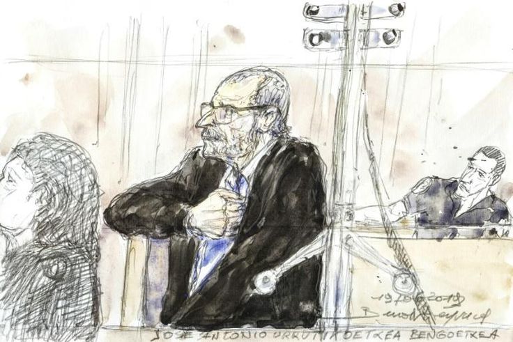 In this courtroom sketch created on June 19, 2019, former ETA Basque separatist leader Josu Ternera, who was arrested in France in May 2019 after 16 years on the run, looks on during his trial in Paris
