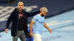 Manchester City striker Sergio Aguero (R) and his manager Pep Guardiola