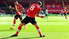 Southampton goal-scorer James Ward-Prowse (C) celebrates with Danny Ings (L)