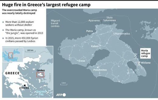 Map of the island of Lesbos, locating the the Moria refugee camp, the largest in Greece, which was destroyeed by fire Wednesday morning.
