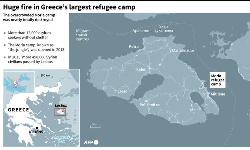 Map of the island of Lesbos, locating the the Moria refugee camp, the largest in Greece, which was destroyeed by fire Wednesday morning.